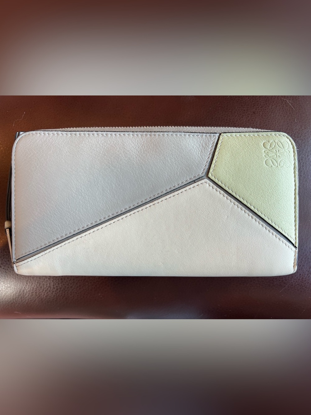 Loewe Colorblock Puzzle Gray/Pale Green Zip-Around Wallet w/ Zipper Card Slots